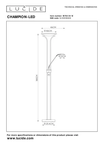 Lucide CHAMPION-LED - Lampadaire / lampe de lecture - LED Dim. - 3000K - Chrome Dépoli - TECHNISCH